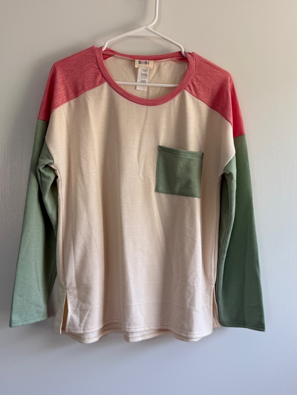 BIBI Fleece Long Sleeve Colorblock Pocket Top - Cream, Pink & GreenM NWOT